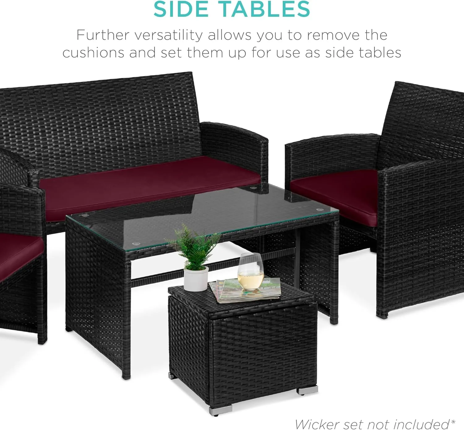 Best Choice Products Set of 2 Wicker Ottomans, Multipurpose Outdoor Furniture for Patio, Backyard, Additional Seating, Footrest, Side Table w/Storage, Removable Cushions - Deep Burgundy/Black