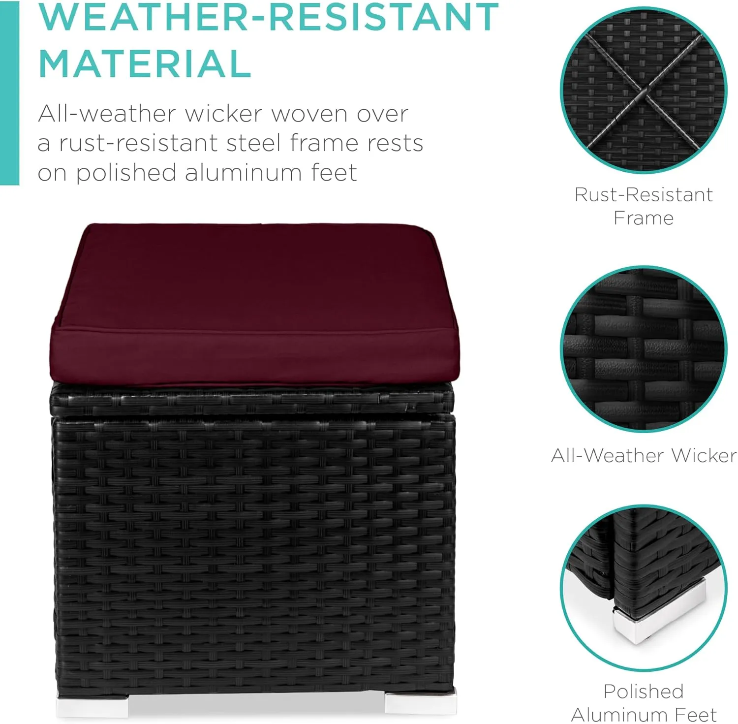 Best Choice Products Set of 2 Wicker Ottomans, Multipurpose Outdoor Furniture for Patio, Backyard, Additional Seating, Footrest, Side Table w/Storage, Removable Cushions - Deep Burgundy/Black