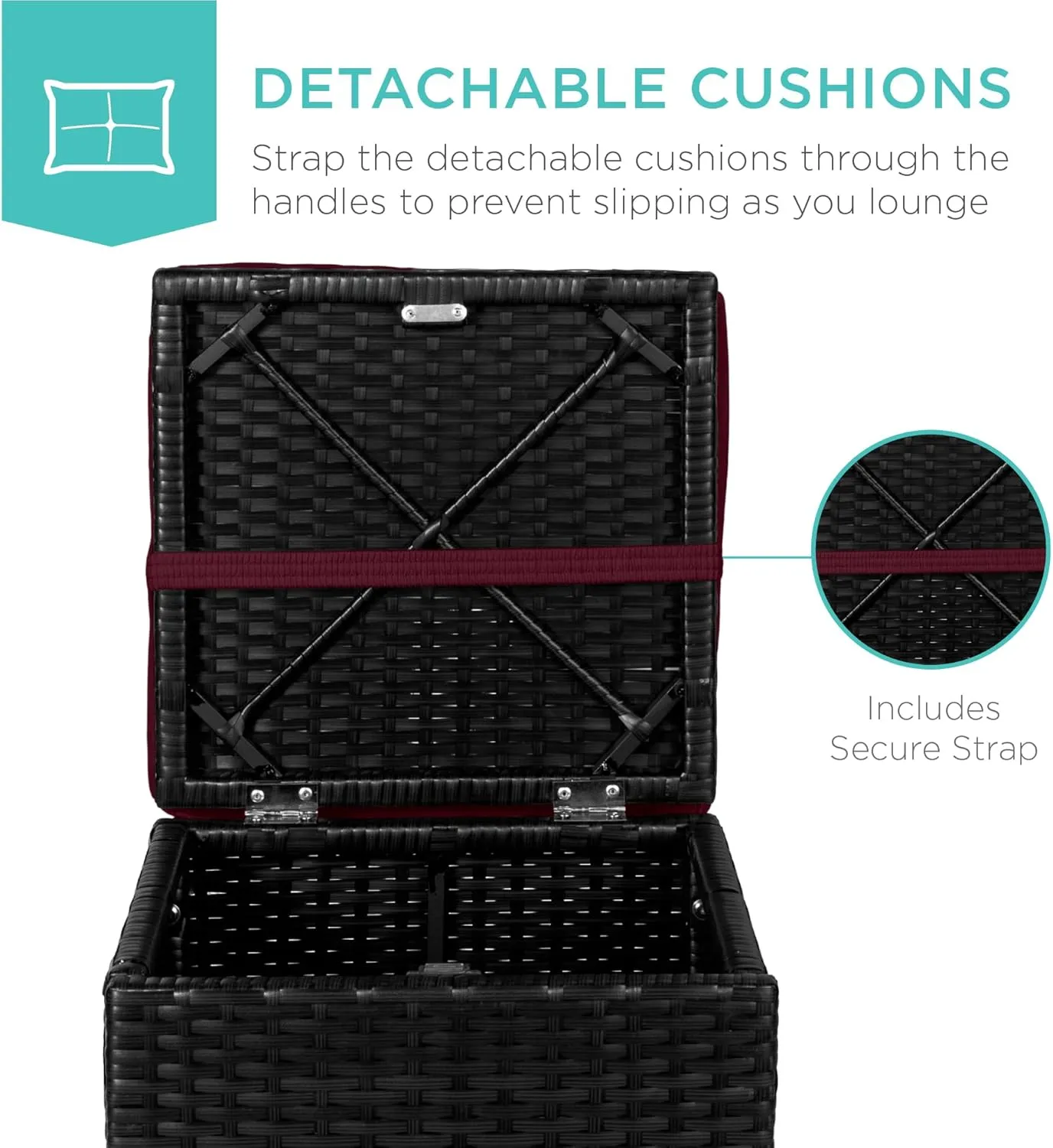 Best Choice Products Set of 2 Wicker Ottomans, Multipurpose Outdoor Furniture for Patio, Backyard, Additional Seating, Footrest, Side Table w/Storage, Removable Cushions - Deep Burgundy/Black