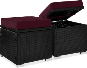 Best Choice Products Set of 2 Wicker Ottomans, Multipurpose Outdoor Furniture for Patio, Backyard, Additional Seating, Footrest, Side Table w/Storage, Removable Cushions - Deep Burgundy/Black