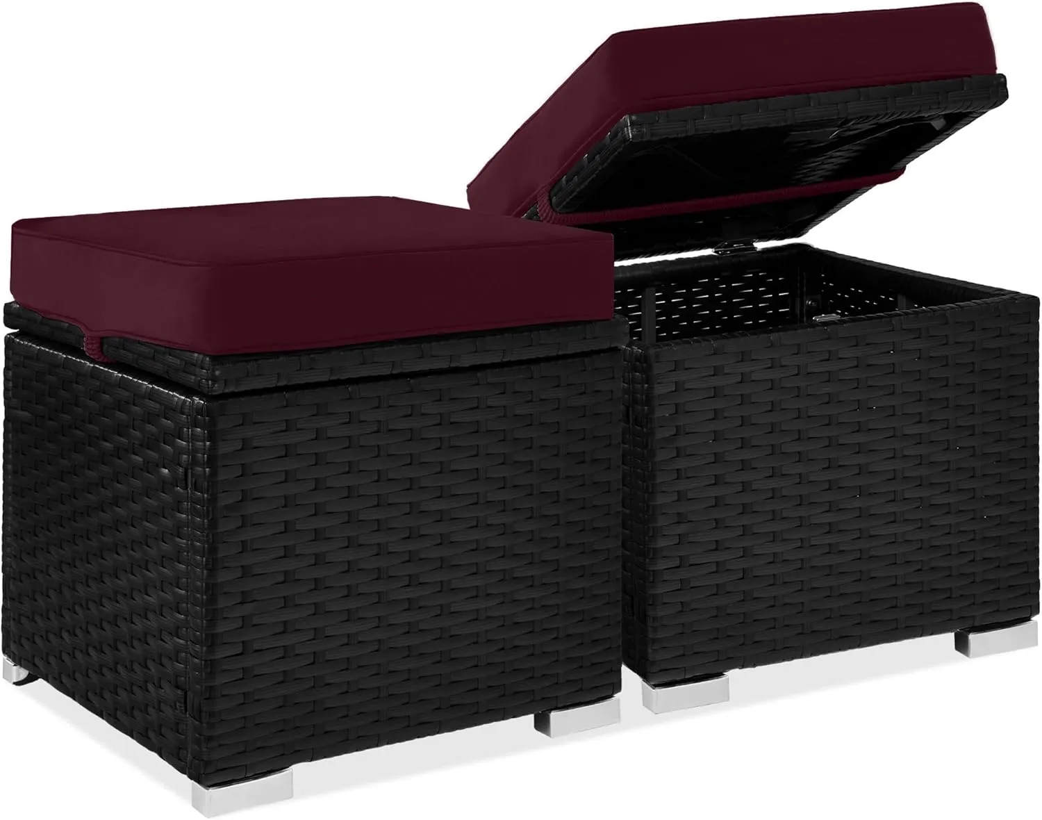 Best Choice Products Set of 2 Wicker Ottomans, Multipurpose Outdoor Furniture for Patio, Backyard, Additional Seating, Footrest, Side Table w/Storage, Removable Cushions - Deep Burgundy/Black