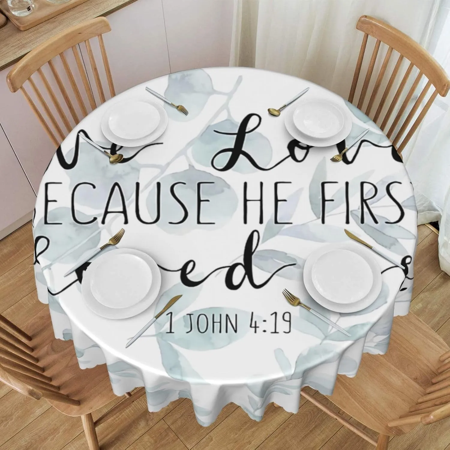 Bible Verse - 1 John 4 19 Flower Lace Tablecloth Round 60 Inches, Suitable for Wedding Banquets, Brunch Parties, Coffee Shop Dining Table Decoration