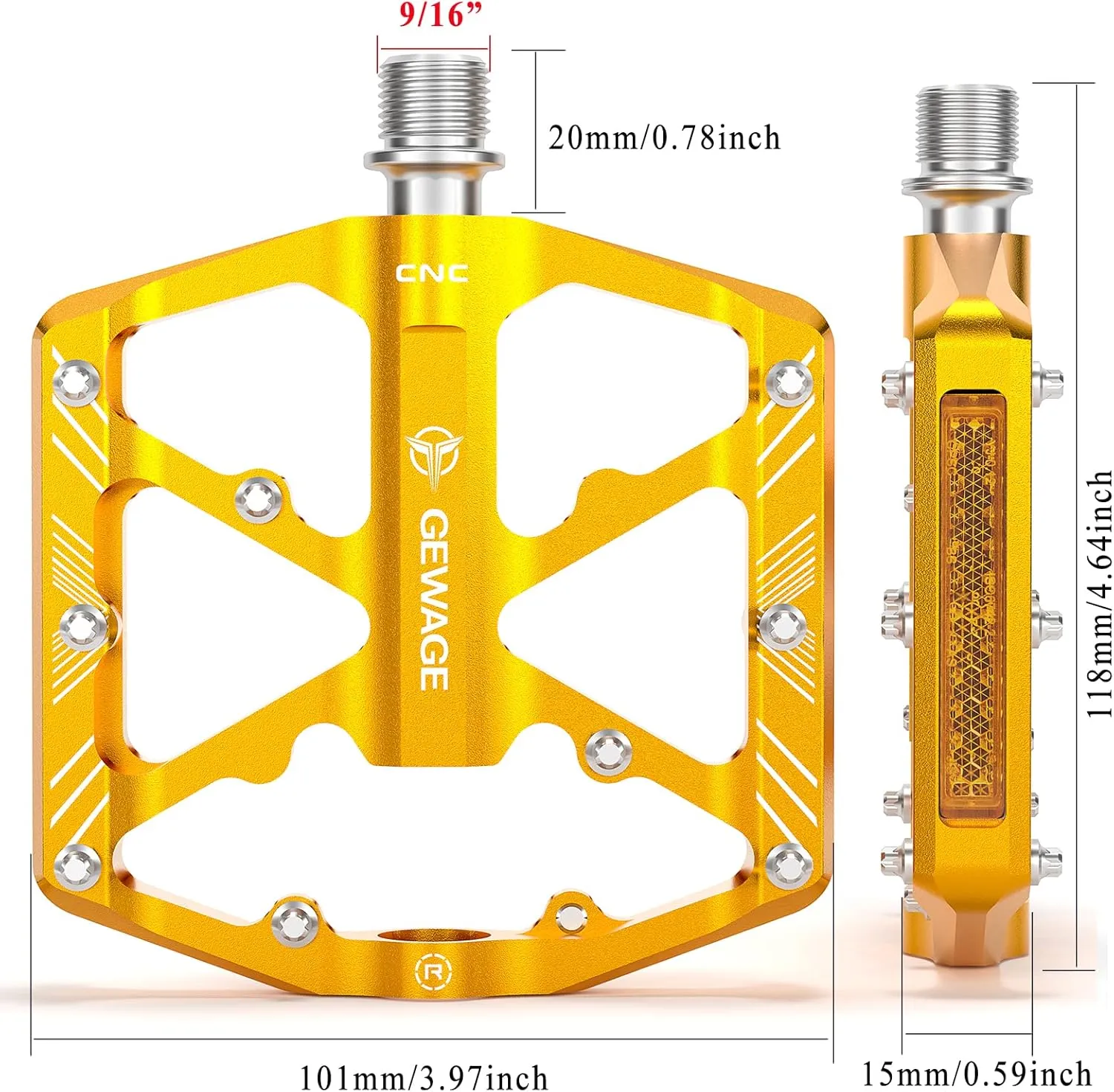 Bike Pedals 9/16 Inch - Bicycle Pedals with Reflectors - 3 Sealed Bearings MTB Pedals Wide Platform Pedals for Mountain Bike, BMX, Road Bike Pedals