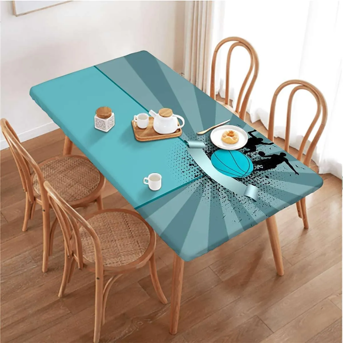 Black Blue Fitted Tablecloth for Rectangle Table Basketball Player Silhouette Indoor or Outdoor Fitted Table Covers for Banquet Tables Doodle Style Art Fits up 4 Foot Tables