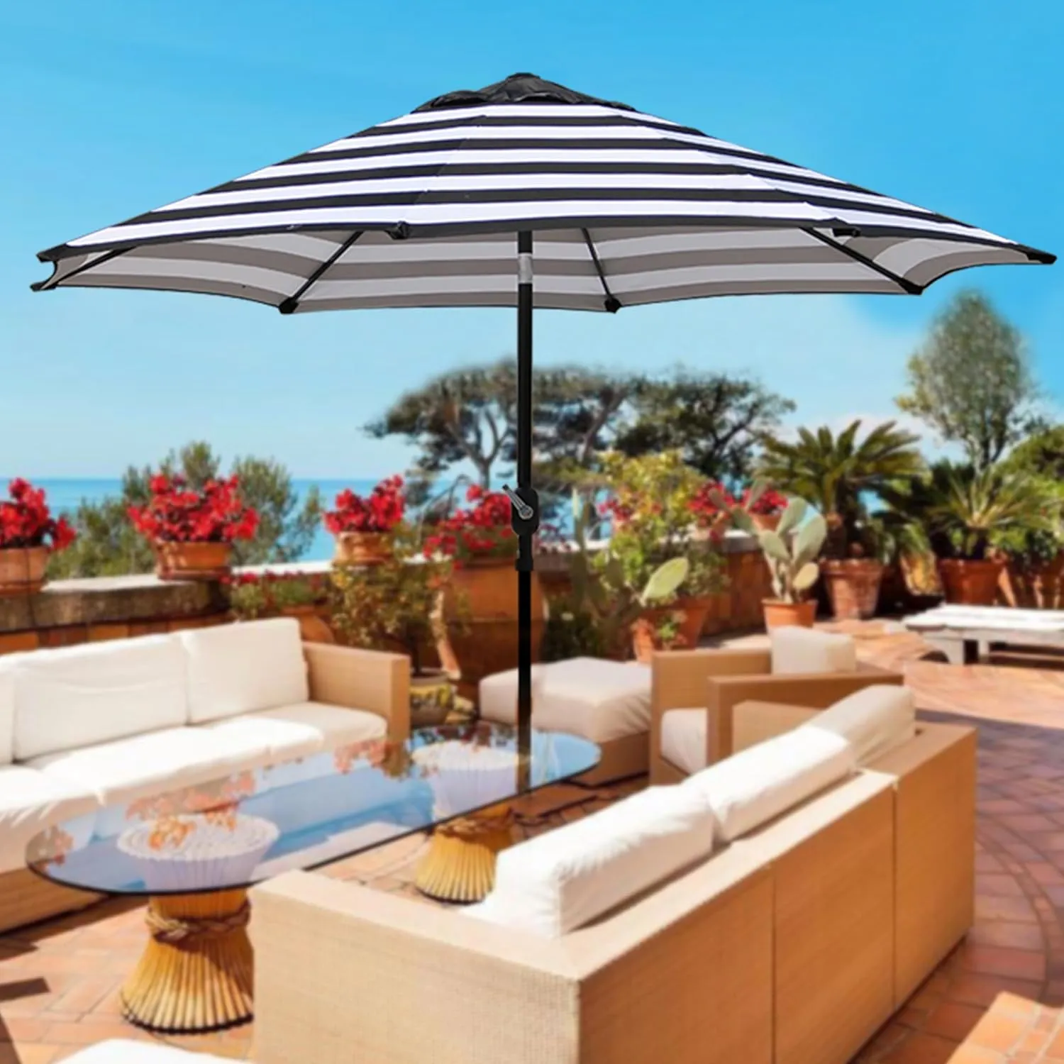 Blissun 9' Outdoor Patio Umbrella, Outdoor Table Umbrella, Yard Umbrella, Market Umbrella with 8 Sturdy Ribs, Push Button Tilt and Crank