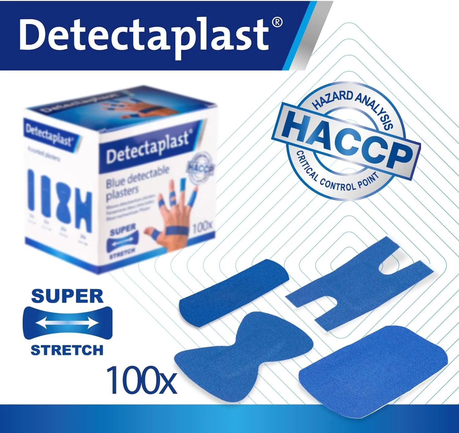 Blue plasters, Metal detectable and Flexible plasters, for Catering First aid kit in Food handling environments, Kitchen aid, 19 x 72, 25 x 72, Butterfly, Knuckle, 100 Strips