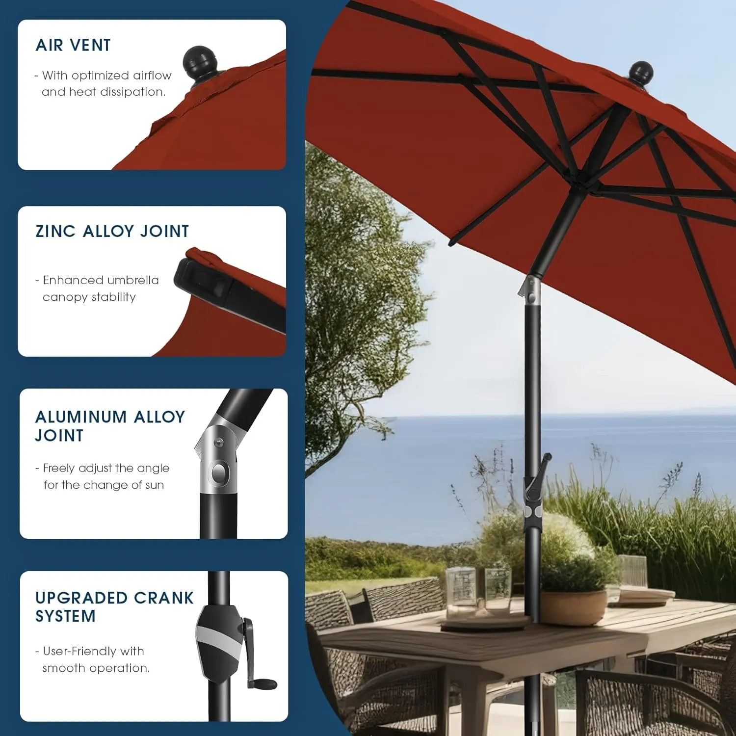 BLUU Sunbrella Umbrella Market Table Sun Umbrella Aluminum Patio Umbrella with 5-Year Non-Fading Sunbrella Acrylic Fabric Canopy Top