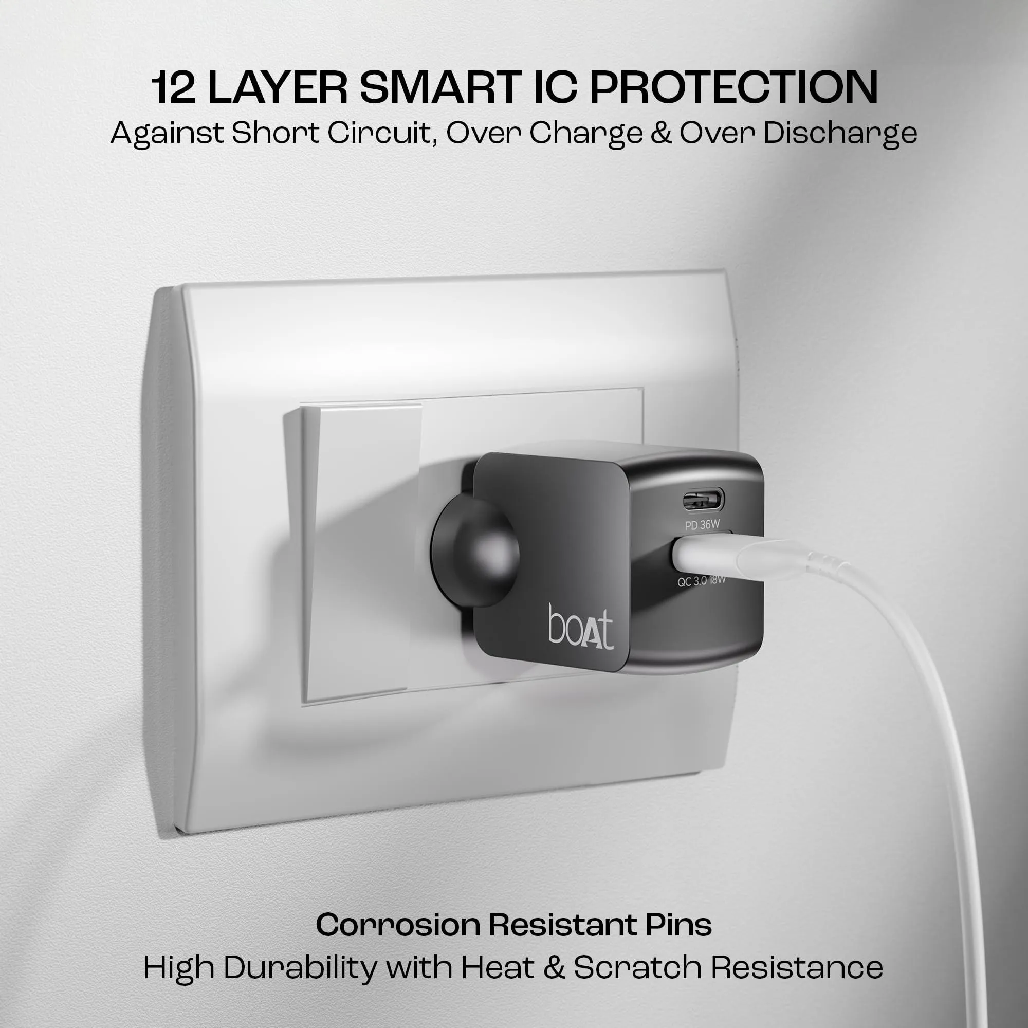 boAt 35W GaN Wall Charger w/GaN Chip Tech, Fast Charging w/PD,PPS & QC 3.0, Compatible w/iPhone 16/15/14/13, Samsung S23/S24, Vivo, Oppo, Oneplus & Smart IC Protection(Sleek Black)