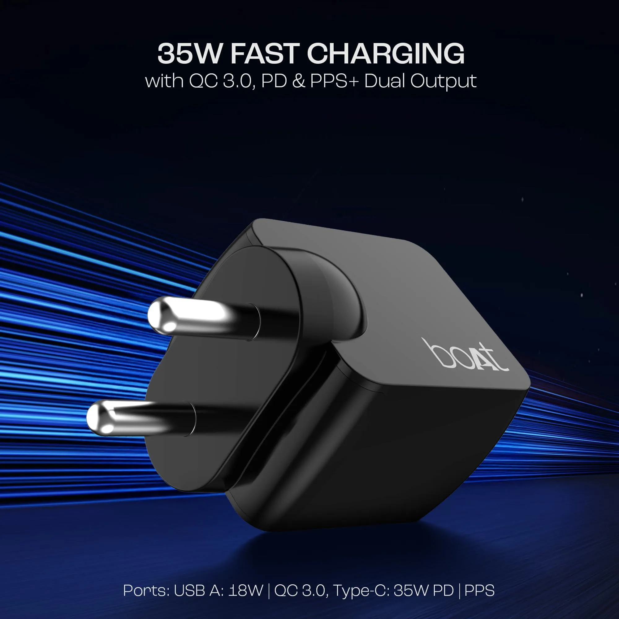 boAt 35W GaN Wall Charger w/GaN Chip Tech, Fast Charging w/PD,PPS & QC 3.0, Compatible w/iPhone 16/15/14/13, Samsung S23/S24, Vivo, Oppo, Oneplus & Smart IC Protection(Sleek Black)
