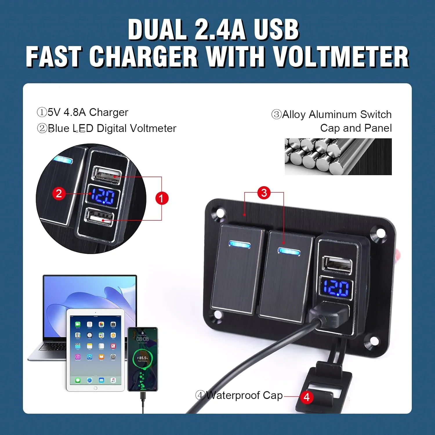 Boat Rocker Switch Panel Waterproof Aluminum 12-24V 3 Gang Toggle Switch Panel with USB Charger Marine Switch Panel for Marine Automotive Car RV Truck（2 Gang switchs）