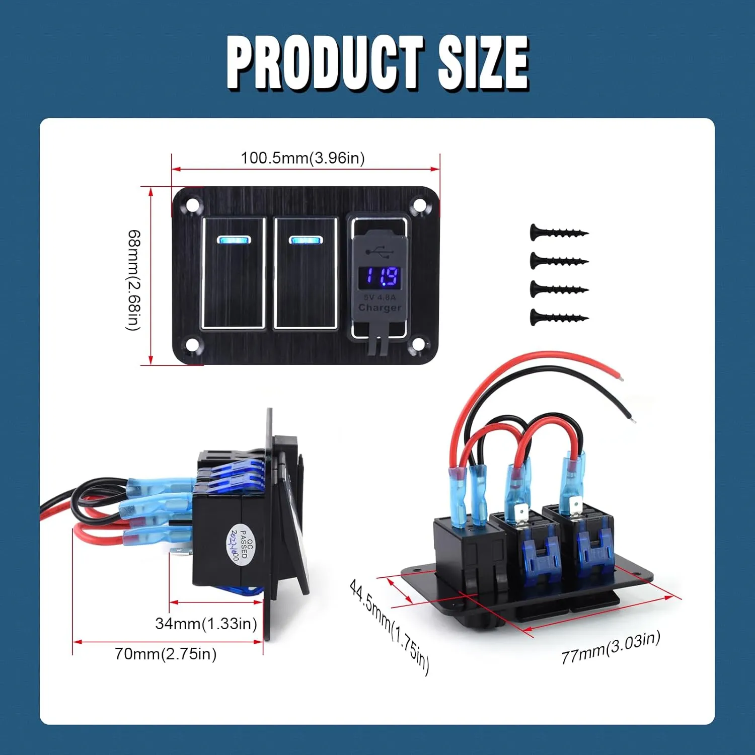 Boat Rocker Switch Panel Waterproof Aluminum 12-24V 3 Gang Toggle Switch Panel with USB Charger Marine Switch Panel for Marine Automotive Car RV Truck（2 Gang switchs）