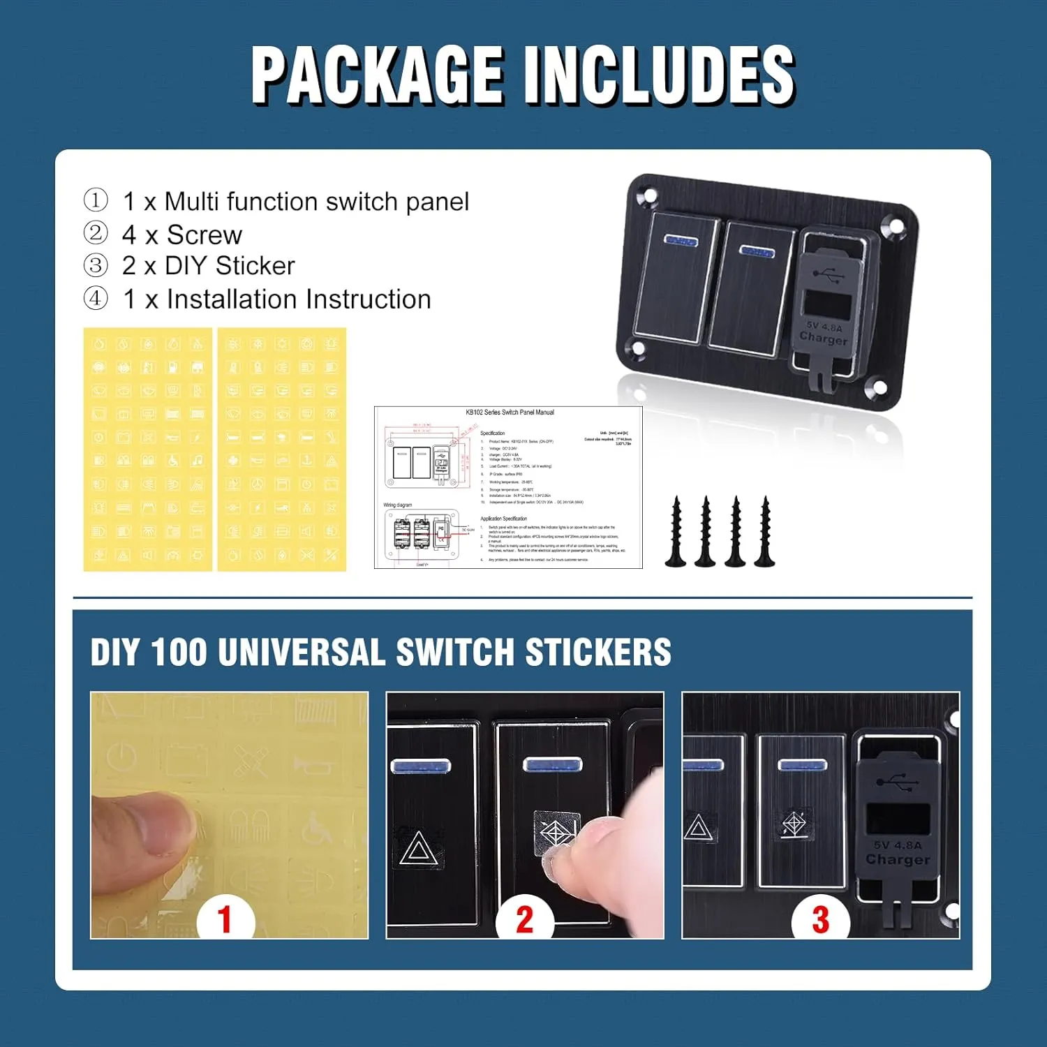 Boat Rocker Switch Panel Waterproof Aluminum 12-24V 3 Gang Toggle Switch Panel with USB Charger Marine Switch Panel for Marine Automotive Car RV Truck（2 Gang switchs）