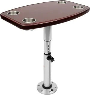 Boat Table, 22"-28" Varnished Adjustable Rectangle Boat Table Removable Varnished Elm Top Marine Tabletop with 4 Cup Holders and Base for Caravan, RV, Marine Boat