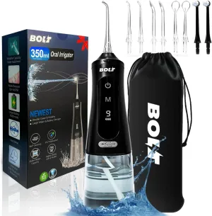 Bolt Cordless Dental Water Flosser for Teeth, Gums, Braces, Tongue – Hard Plague Remover. 350ml Water Tank, 9 Modes, Digital Display, Travel Bag, 8 Nozzles, Type C Charger, Storage Box