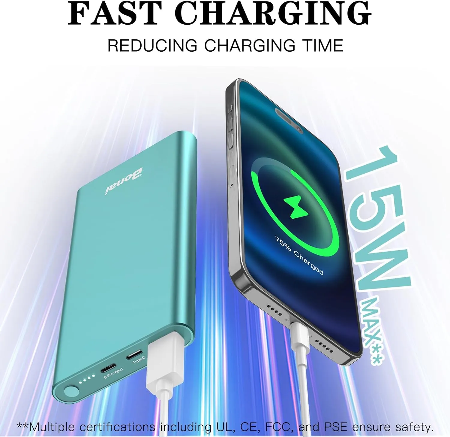 BONAI Portable Charger 12,000mAh 5V/3A Fast Charging Power Bank, Dural Input & Output Ports (USB-C in & Out) Portable Phone Charger for iPhone 15/14/13/12 Series Galxy Android iPad etc - Mint