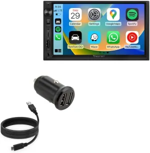 BoxWave Car Charger Compatible with Eonon X3 QLED Linux Double Din Car Stereo (7 in) - Minimus Car Charger with DirectSync Cable (4W), Tiny Minimal Compact Dual Fast Charging - Jet Black