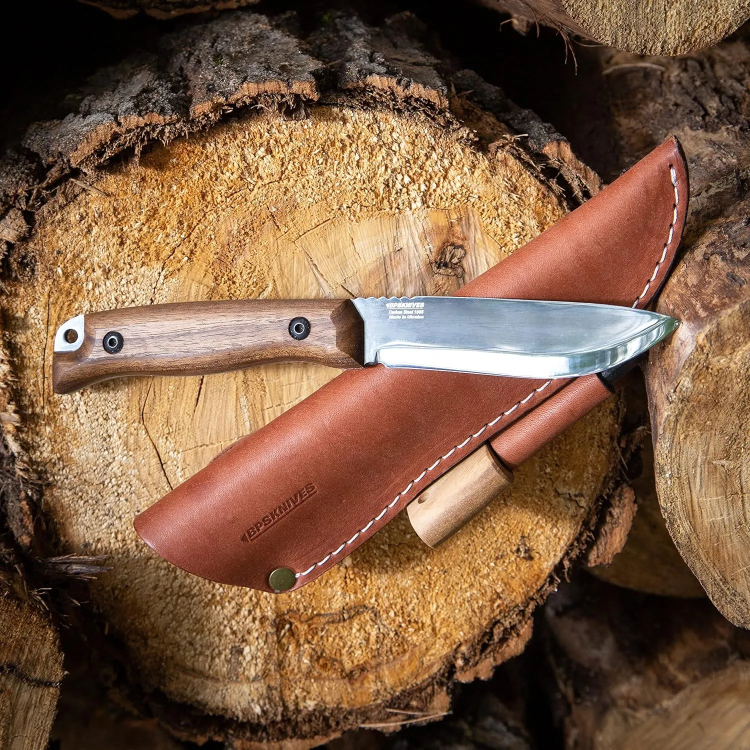 BPS Knives HK1 CSHF - Handmade Carbon Steel Knife with Firestarter - Fixed-Blade Full Tang Scandinavian Camp Hunting Knives - Camping Bushcraft Knife With Leather Sheath
