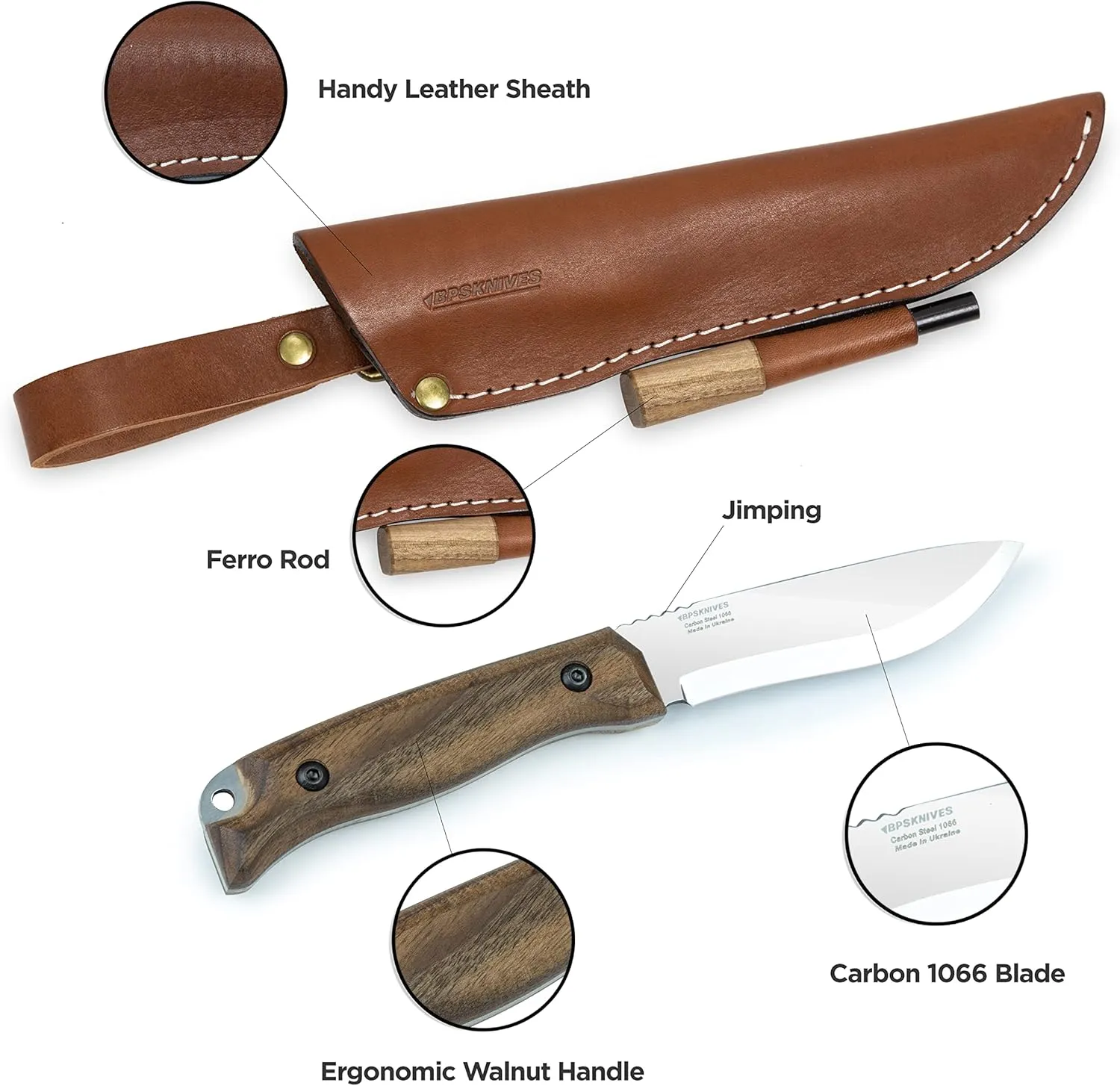 BPS Knives HK1 CSHF - Handmade Carbon Steel Knife with Firestarter - Fixed-Blade Full Tang Scandinavian Camp Hunting Knives - Camping Bushcraft Knife With Leather Sheath