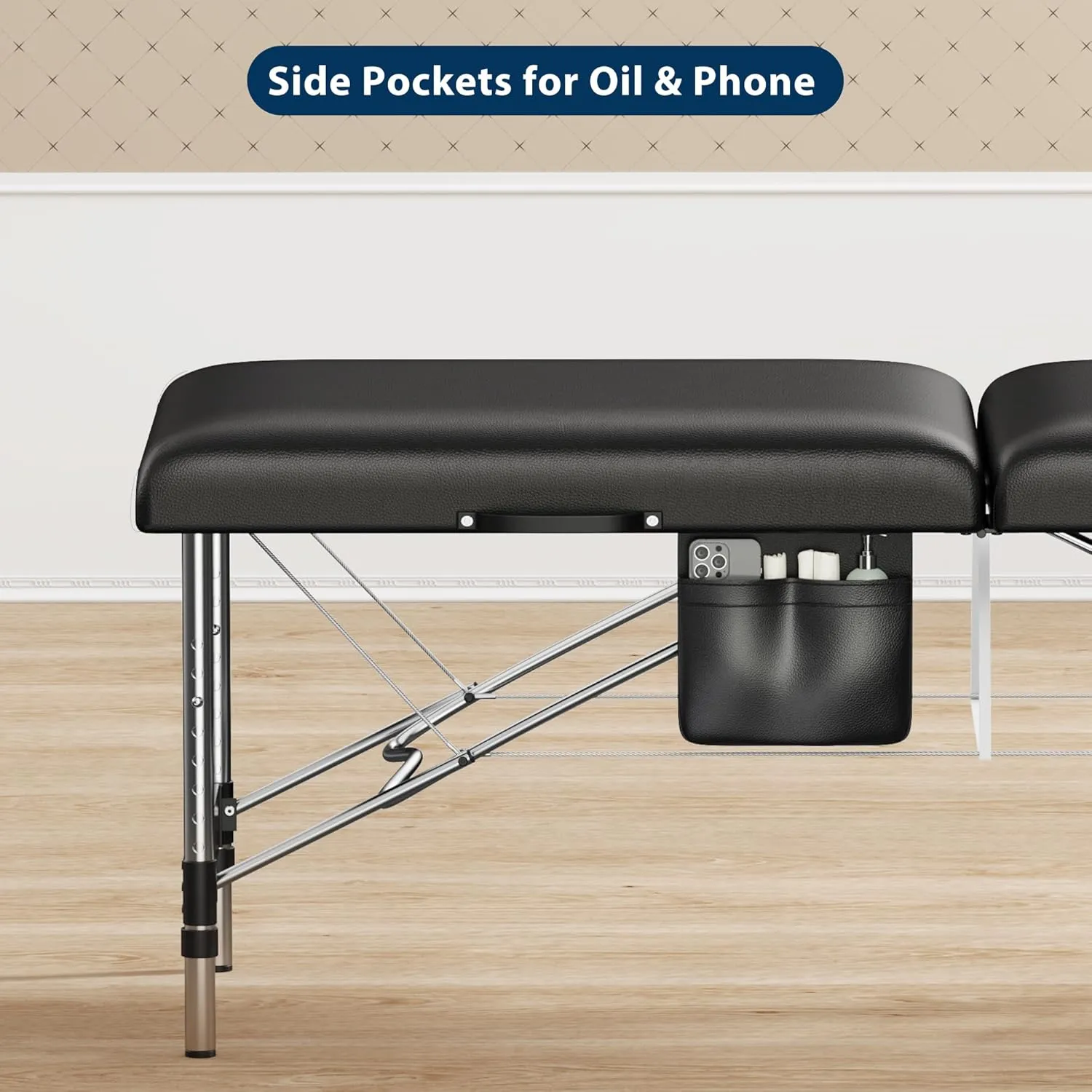 Brelley Massage Table Portable, 2-Fold Lash Bed with Side Pocket, Adjustable Height, Sturdy Aluminum Frame, Esthetician Spa Facial Bed, Tattoo Bed with Face Cradle & Carrying Bag, Black
