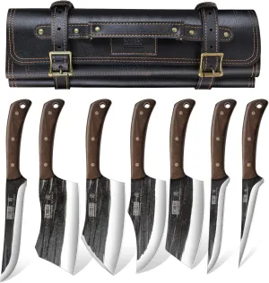 Butcher Knife Set, Hand Forged Butcher Chef Knife Set with Roll Bag, Sharp Meat Cleaver Bone Chopper Fillet Knife for Home & Camping & BBQ Gift for Men