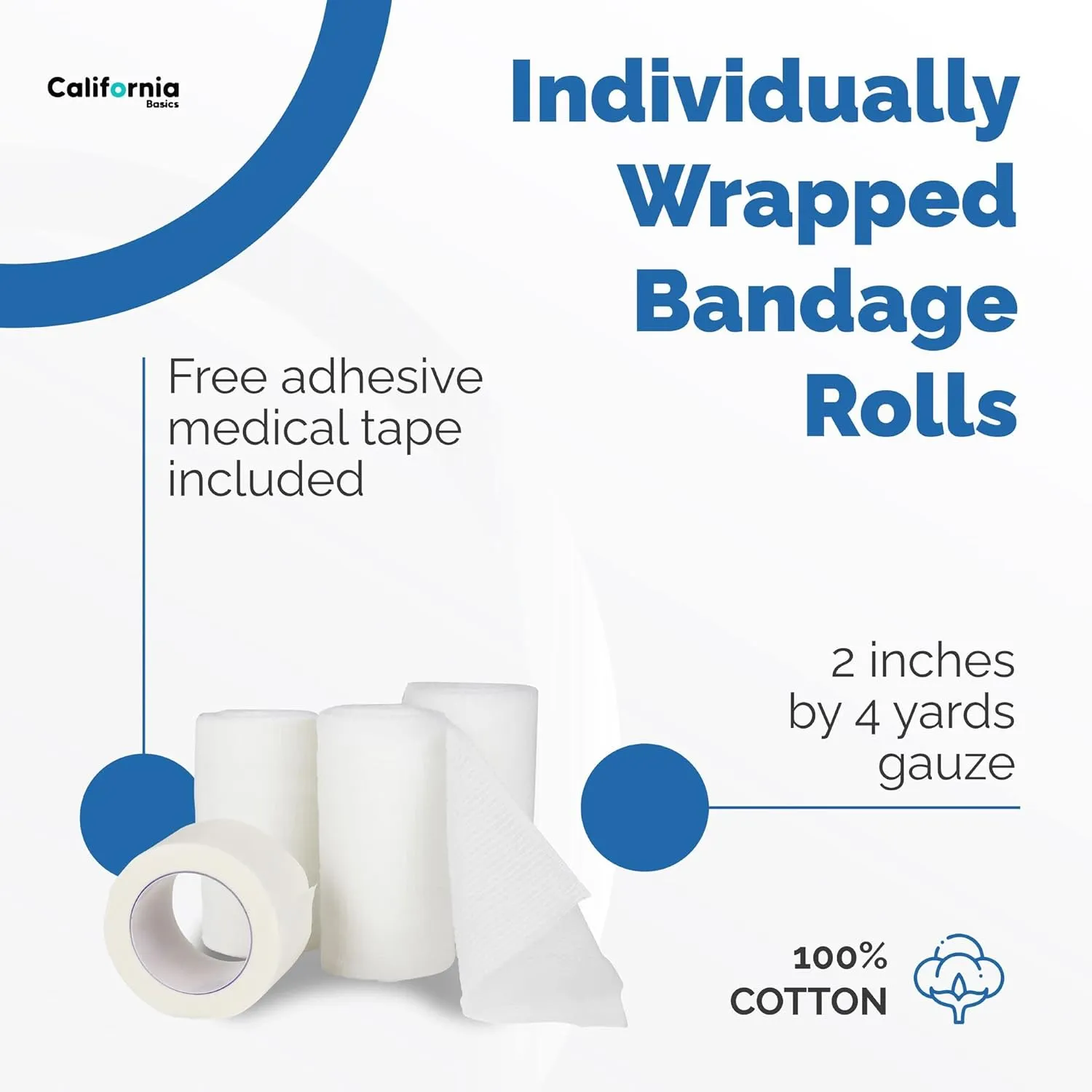 California Basics 48-Pack Gauze Bandage Roll with Tape, 2 Inches x 4 Yards - Soft, Stretchable & Breathable Wrap for Wound Care, First Aid & Medical Supplies - White