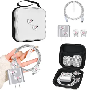 CameCosy Silver Phone Charger Storage Case Cover Sets for iPhone with Cable Protector Earphone Wire Saver, Portable Travel Storage Bag, Cute Cable Charger Protector Cord Organizer (Diamond Bow Tie)