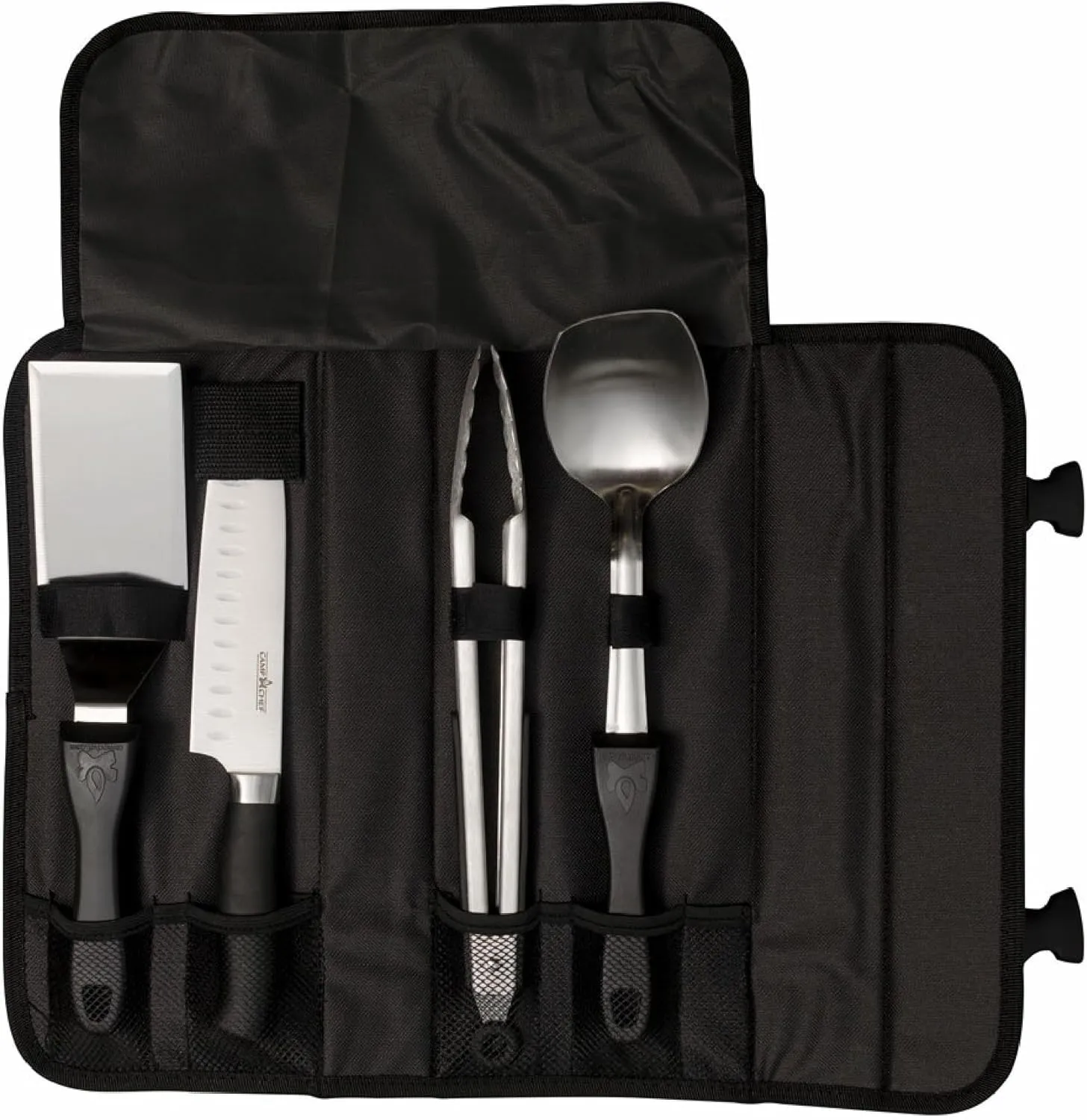 Camp Chef All-Purpose Chef Set - Includes Spatula, Flat-Nosed Spoon, Santoku Knife, Heavy-Duty Tongs & Carrying Case for Outdoor Cooking Equipment - 5 Pieces
