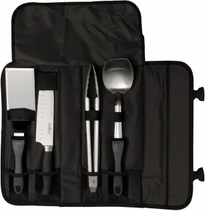 Camp Chef All-Purpose Chef Set - Includes Spatula, Flat-Nosed Spoon, Santoku Knife, Heavy-Duty Tongs & Carrying Case for Outdoor Cooking Equipment - 5 Pieces