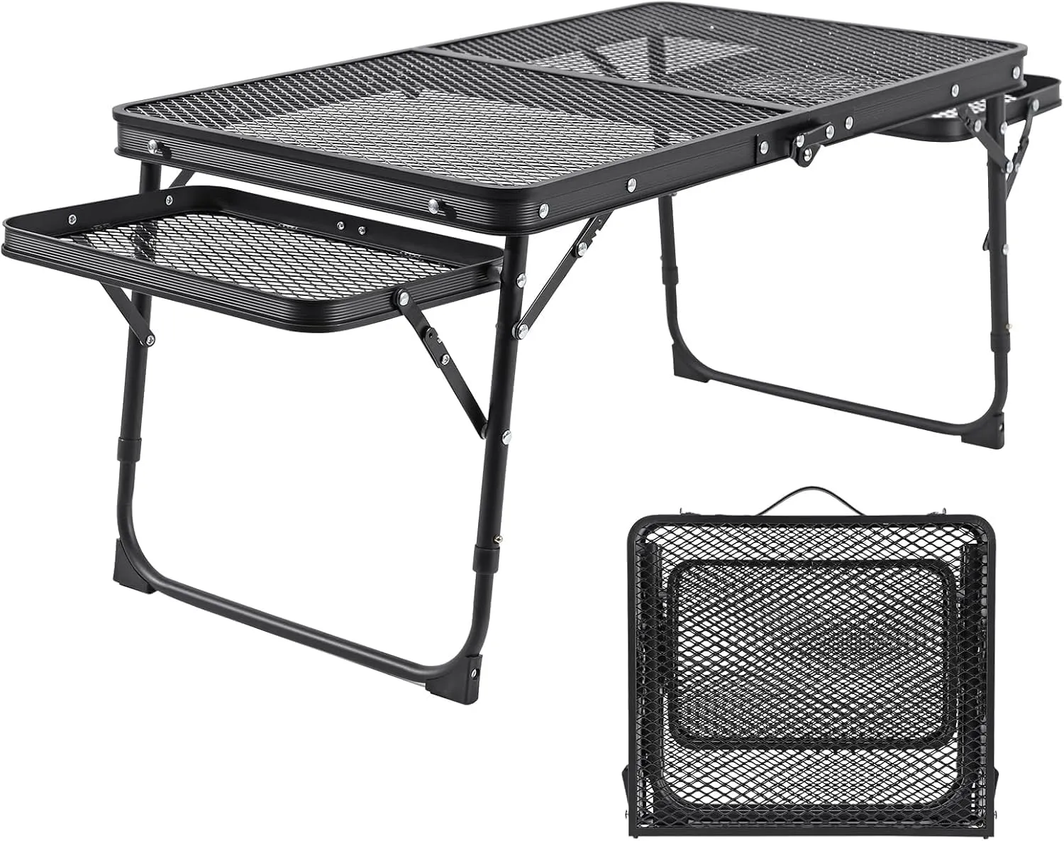 Camping Folding Grill Table with Extension Board, Adjustable Height Portable Small Stand Table, Lightweight Metal Tables with Mesh Desktop for Outdoor Indoor Beach BBQ Picnic Travel RV