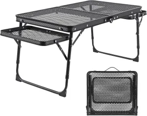 Camping Folding Grill Table with Extension Board, Adjustable Height Portable Small Stand Table, Lightweight Metal Tables with Mesh Desktop for Outdoor Indoor Beach BBQ Picnic Travel RV