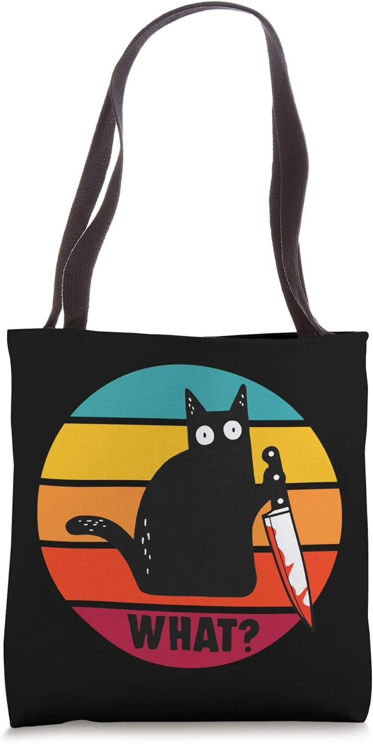 Cat What? Funny Black Cat Knife Murderous Black Cat Tote Bag