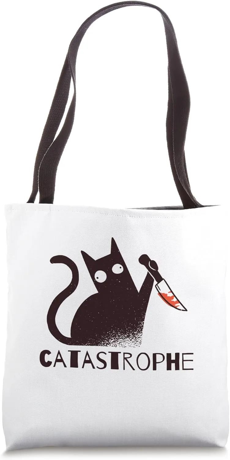 Catastrophe Funny Black Cat With Knife Sarcastic Kitten Pun Tote Bag