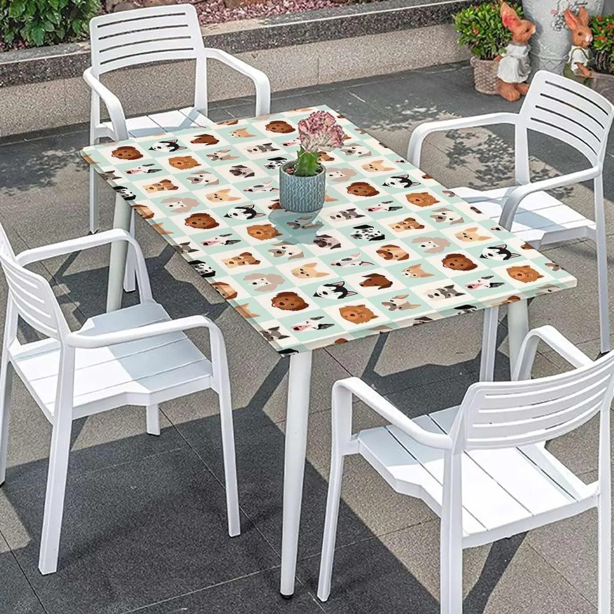 Charcoal Grey Gold Elastic Edge Fitted Tablecloth, Cartoon Dog Faces Set Rectangle Table Cover for Outdoor Picnic Camping Parties Animals Pattern Fits up 5 Foot Tables