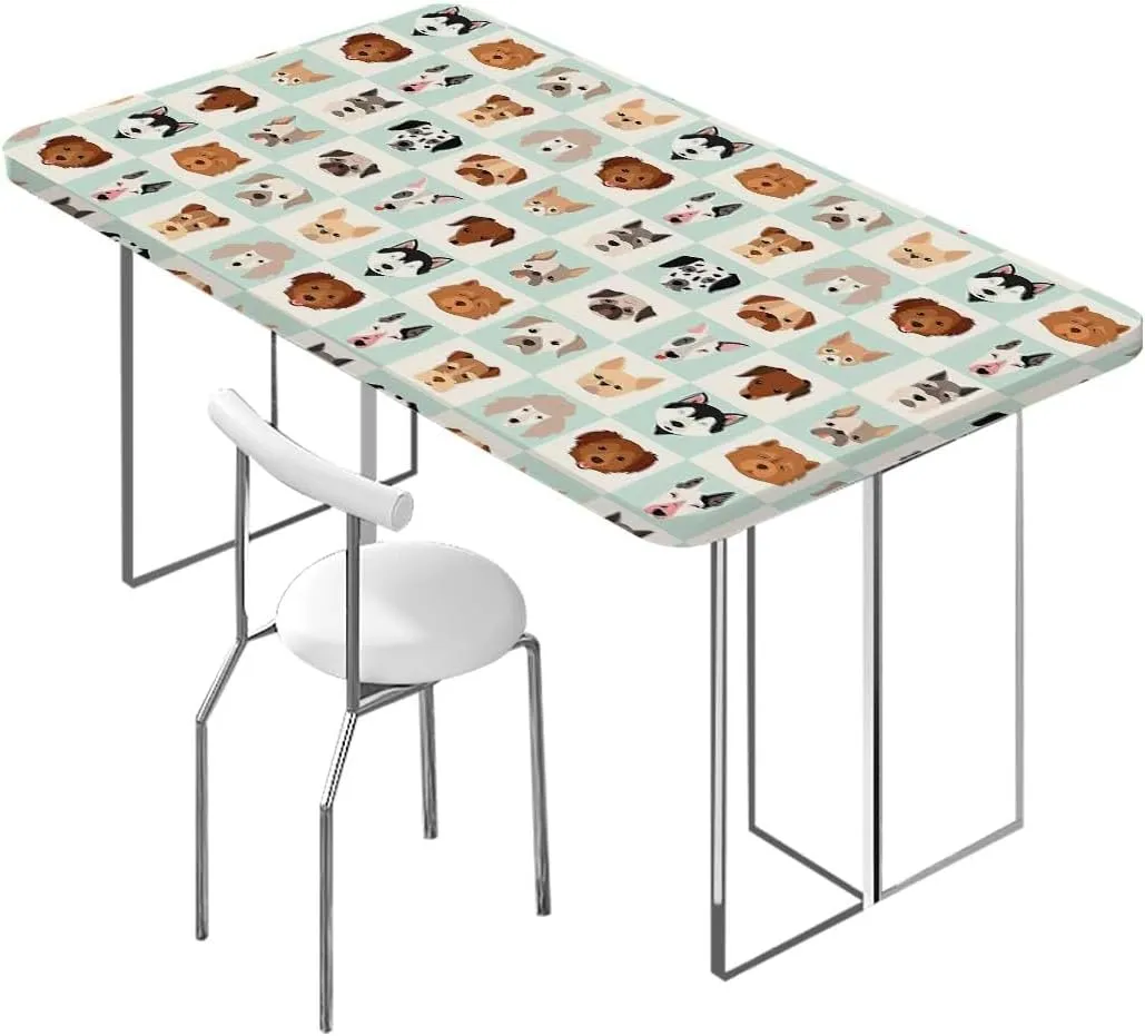 Charcoal Grey Gold Elastic Edge Fitted Tablecloth, Cartoon Dog Faces Set Rectangle Table Cover for Outdoor Picnic Camping Parties Animals Pattern Fits up 5 Foot Tables
