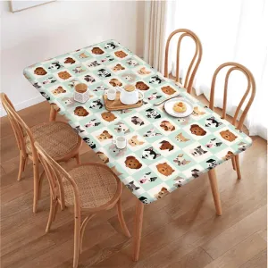 Charcoal Grey Gold Elastic Edge Fitted Tablecloth, Cartoon Dog Faces Set Rectangle Table Cover for Outdoor Picnic Camping Parties Animals Pattern Fits up 5 Foot Tables