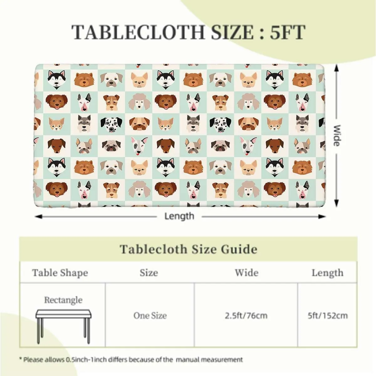 Charcoal Grey Gold Elastic Edge Fitted Tablecloth, Cartoon Dog Faces Set Rectangle Table Cover for Outdoor Picnic Camping Parties Animals Pattern Fits up 5 Foot Tables