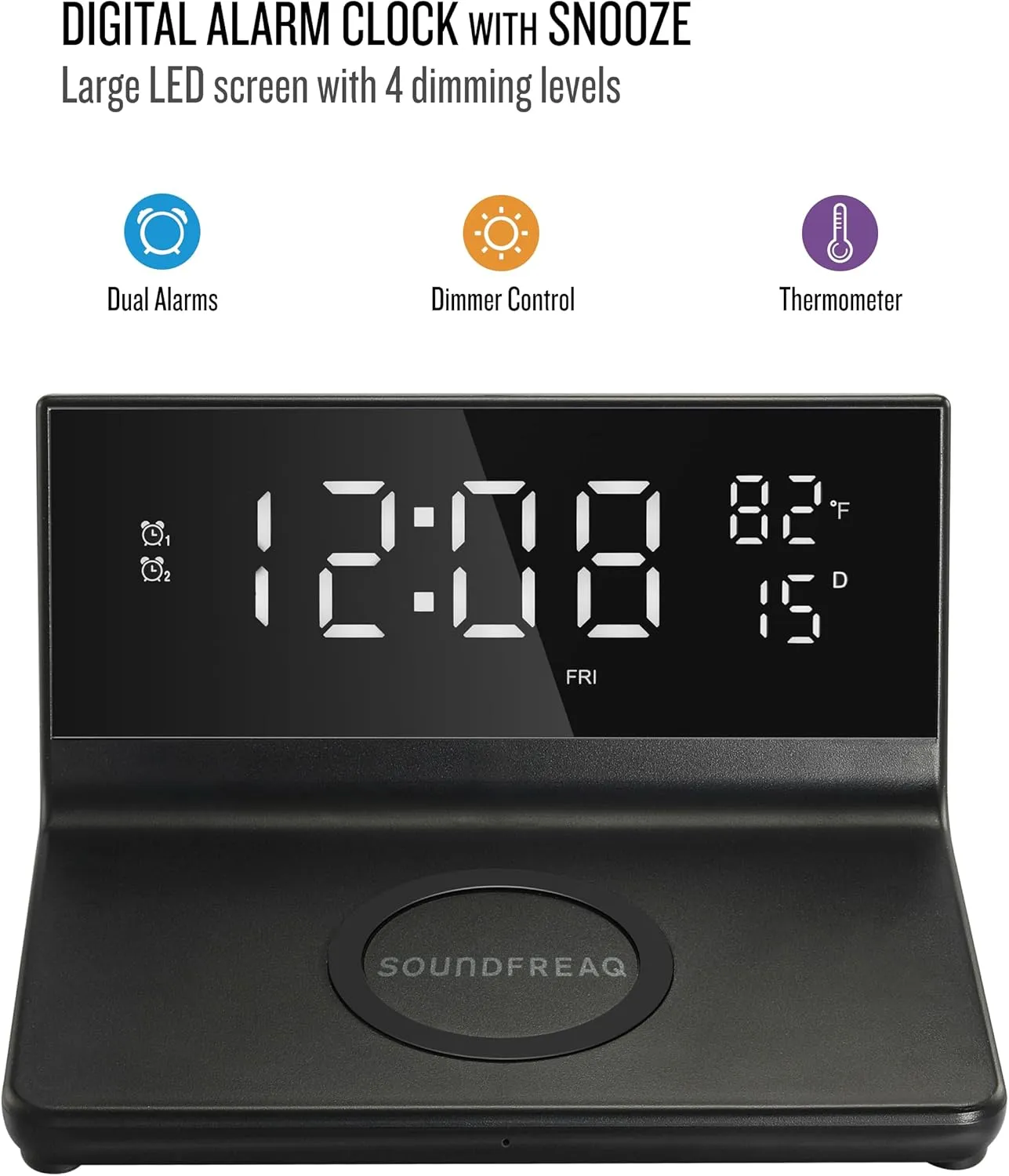 Charge Rise II, SFQ-20: Digital Alarm Clock, with Dual Alarms, Fast USB Charger and Wireless Charger (Black)