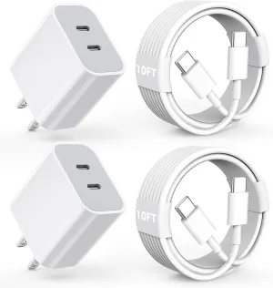 Charger for iPhone 16/15 Pro Max Charger Fast Charging, 2Pack 20W Dual Port USB C Fast Charger Block with 10FT Long USB C to C Charging Cable Cord for iPhone 15 Pro Max/15 Pro/15/15 Plus, iPad Pro/Air