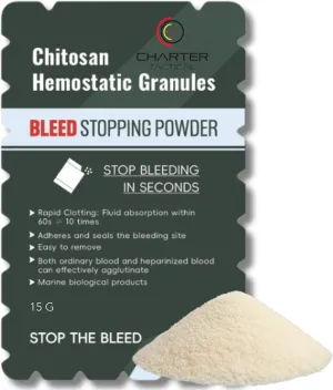 Charter Tactical Chitosan Granules Bleed Stopping First Aid Powder for Rapid Blood Clotting – Trauma Kit Camping Safety Survival Equipment Essentials for Moderate Severe Bleeding Wounds, Clear