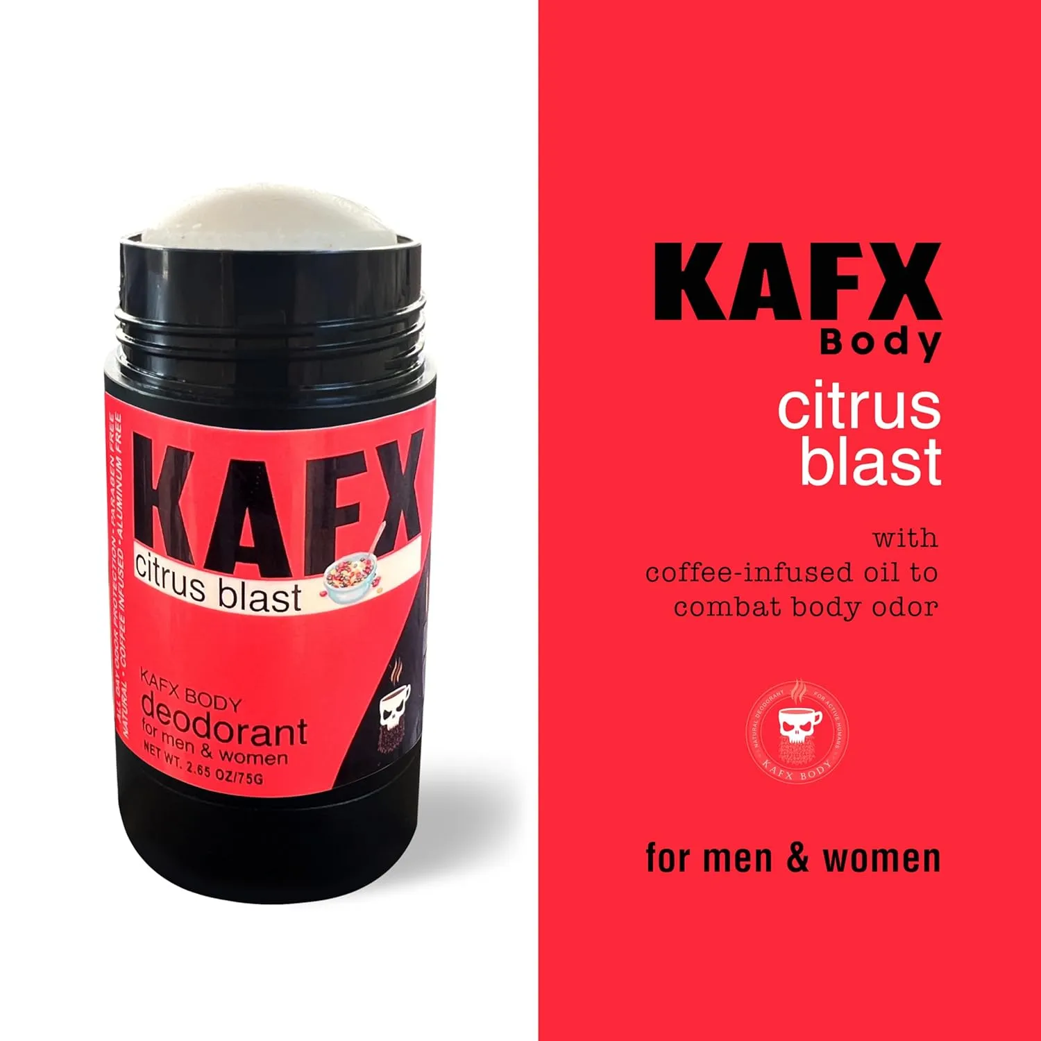 Citrus Blast Deodorant for Women and Men - Organic and Natural, Aluminum-Free, Coffee Oil-Infused for Long-Lasting Odor Protection, Single Pack, Paraben-Free, 2.65 oz/75 g
