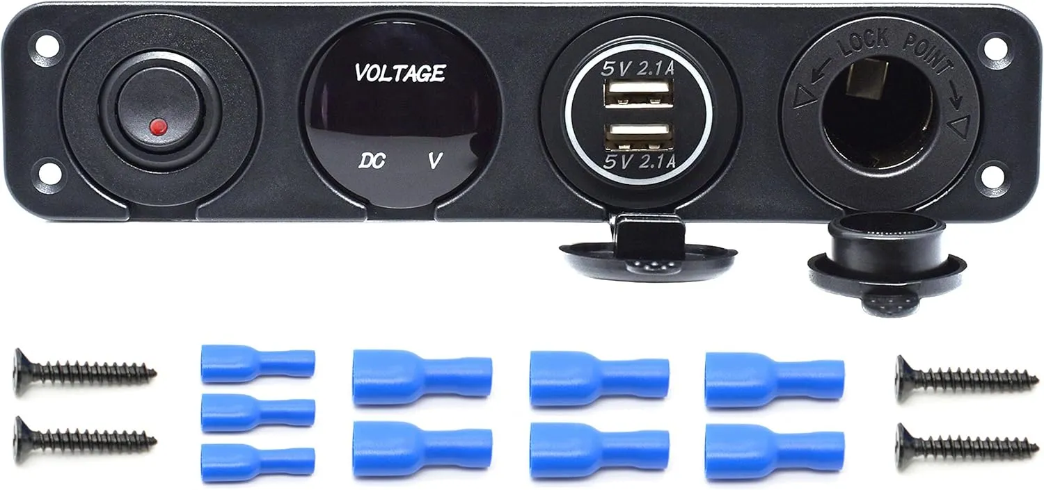 Cllena Dual USB Socket Charger 2.1A&2.1A   LED Voltmeter   12V Power Outlet   ON-Off Toggle Switch Four Functions Panel for Car Boat Marine RV Truck Camper Vehicles GPS Mobiles (Red)