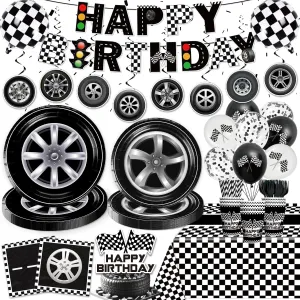 Cocomigo 187pcs Race Car Birthday Party Decorations, Affordable 300 Gsm Thick Paper Plates Balloons and Waterproof Tablecloths for Racing Fans, Car Birthday Decorations for 25 Guests