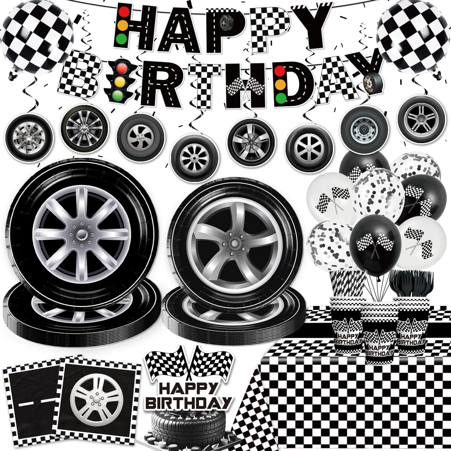 Cocomigo 187pcs Race Car Birthday Party Decorations, Affordable 300 Gsm Thick Paper Plates Balloons and Waterproof Tablecloths for Racing Fans, Car Birthday Decorations for 25 Guests
