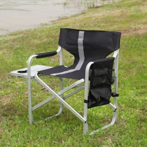 Comfortable and Sturdy Folding Outdoor Chair with Side Table and Storage Pockets, Lightweight Design for Camping, Picnics, and Fishing, Black/Grey