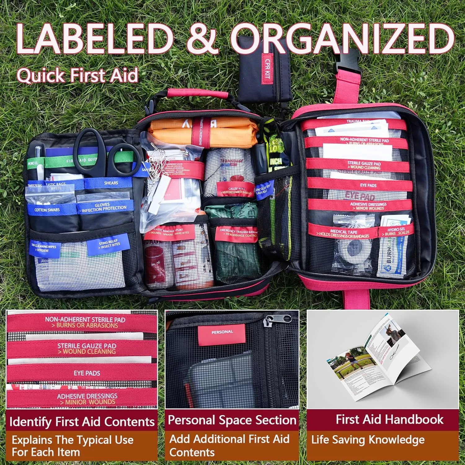 Comprehensive First aid Kits, First Aid Trauma Kit with Labelled Compartments for Cars, Home, Office, Backpacking, Camping, Traveling, and Cycling -230 Pieces