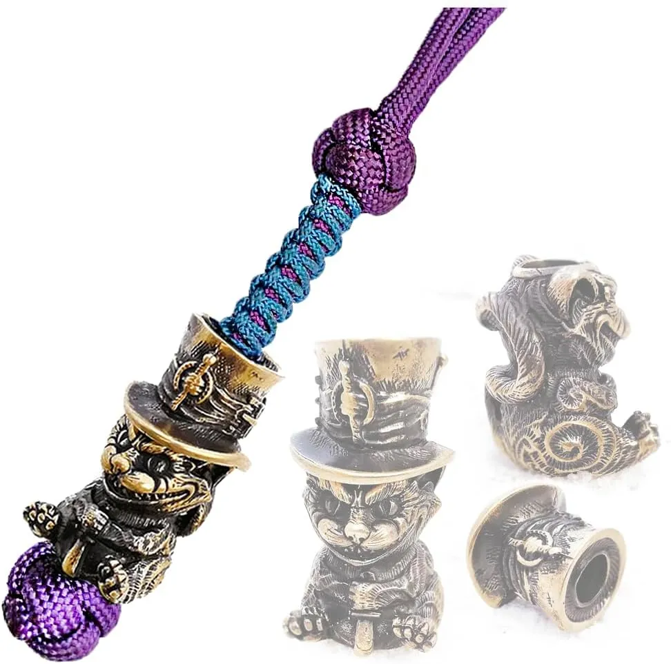 CooB EDC Paracord Knife Lanyard with Hand Casted Metal Paracord Bead Pendant Cheshire Cat. Keychain Lanyards for Knives