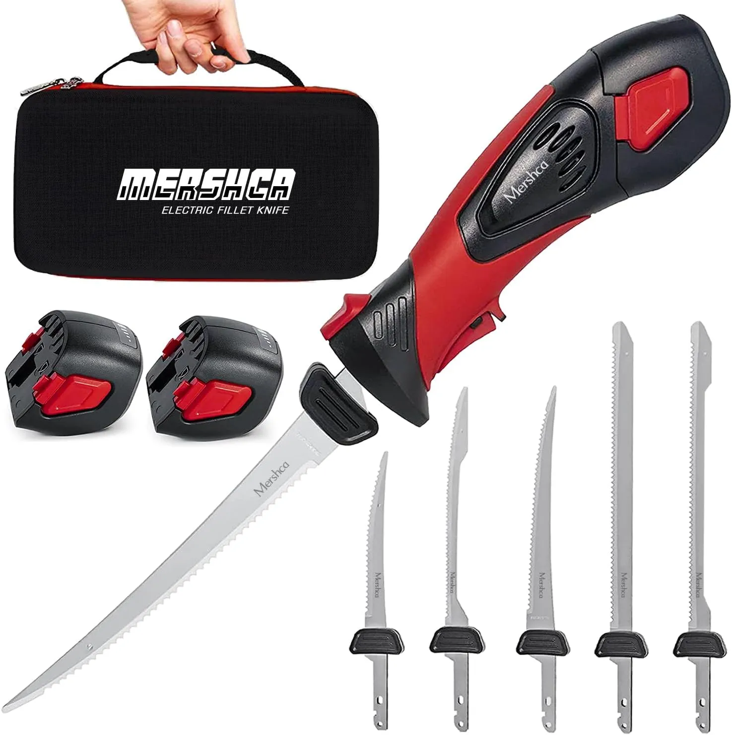 Cordless Electric Fillet Knife, with 5 Ti-Nitride S.S. Coated Non-Stick Reciprocating Blades & Cooling Hole Non-Slip Grip Handle & Practical handbag, Rechargeable Electric Knife for Fishing