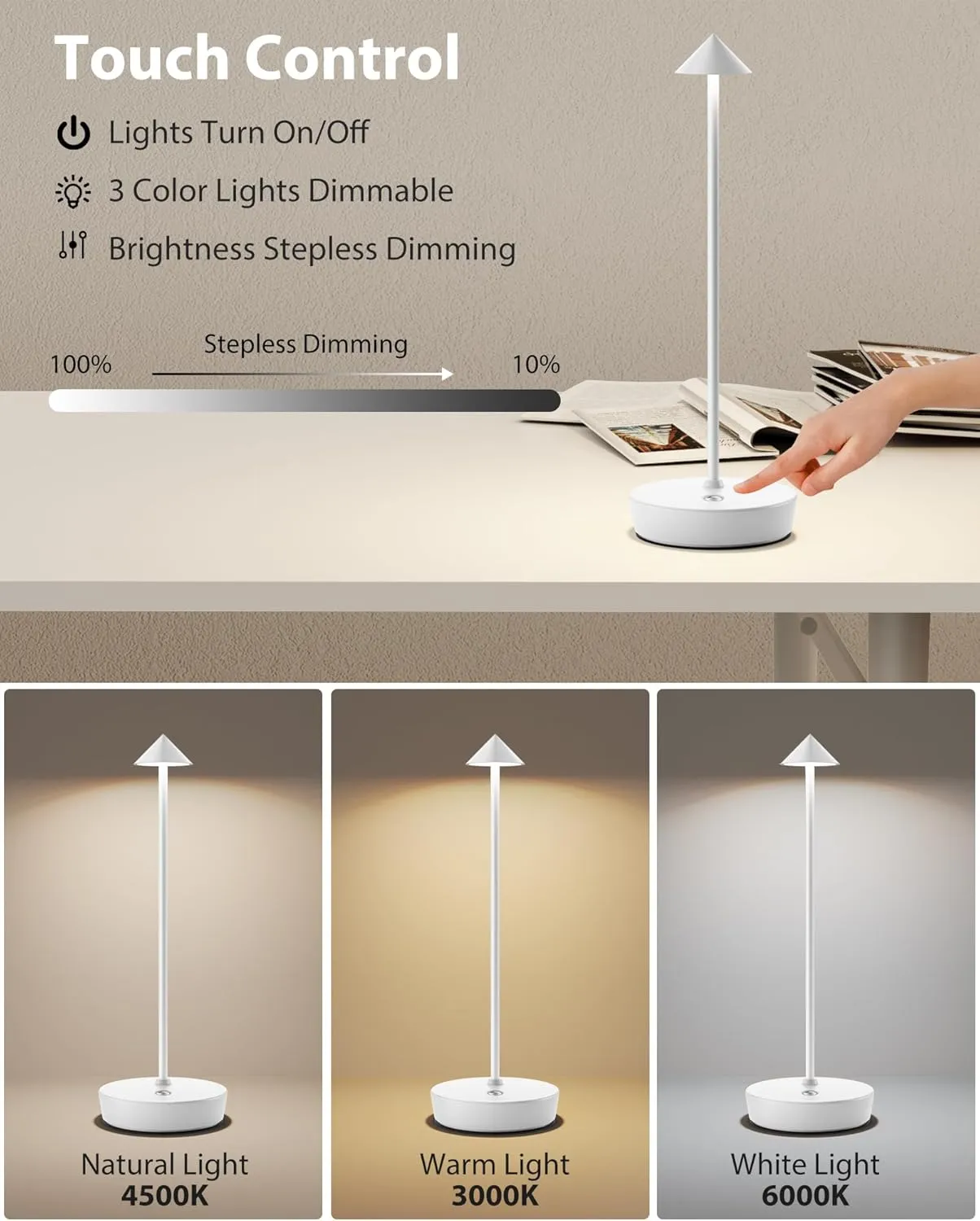 Cordless Table Lamps Rechargeable, 6000mAh Battery Operated LED Desk Lamp Outdoor Waterproof Portable Touch Dimmable Table Night Light for Patio Restaurant Dining Home Set of 2 White