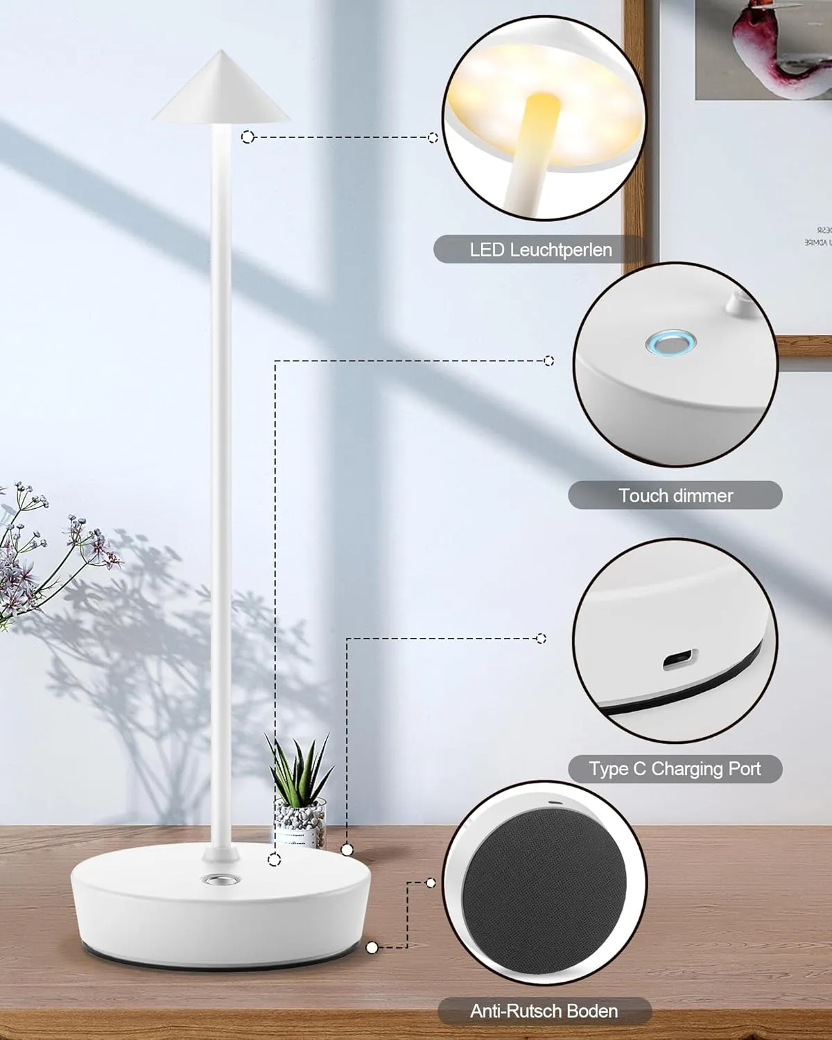 Cordless Table Lamps Rechargeable, 6000mAh Battery Operated LED Desk Lamp Outdoor Waterproof Portable Touch Dimmable Table Night Light for Patio Restaurant Dining Home Set of 2 White