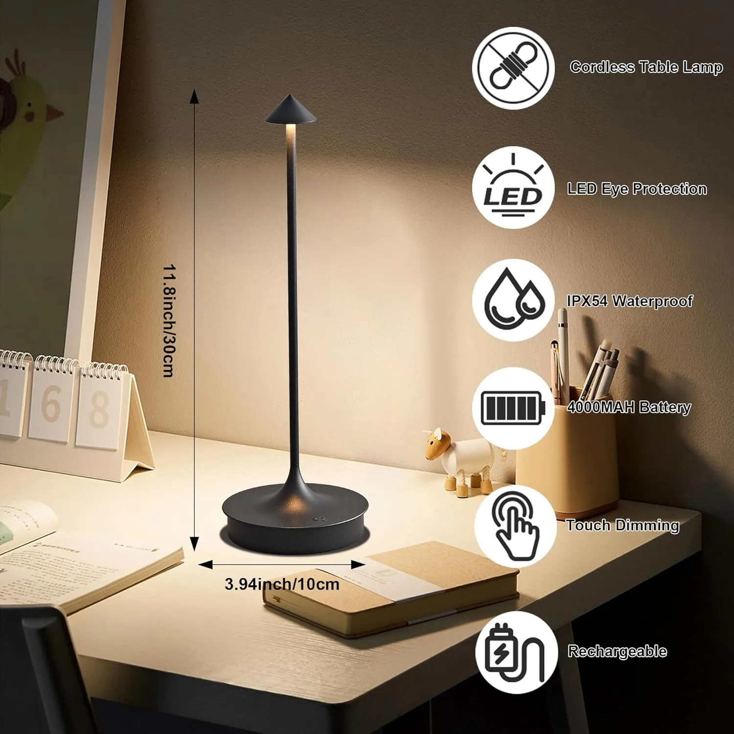 Cordless Table Lamps Rechargeable, LED Desk Lamp 4000mAh Battery Operated Outdoor Waterproof Portable Touch Dimmable Table Light for Patio/Restaurant/Bar/Indoor (Black-1PC)
